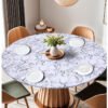 Grey Marble Print Round Elastic Table Cover (1) Marble-Print Vinyl Tablecloth with Flannel Backing Round Fitted