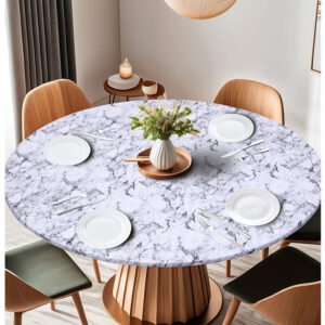 Marble-Print Vinyl Tablecloth with Flannel Backing Round Fitted