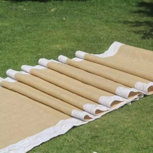 Natural Jute Wedding Aisle Runner with Lace Trim - 40x10ft Rustic Ceremony Decor