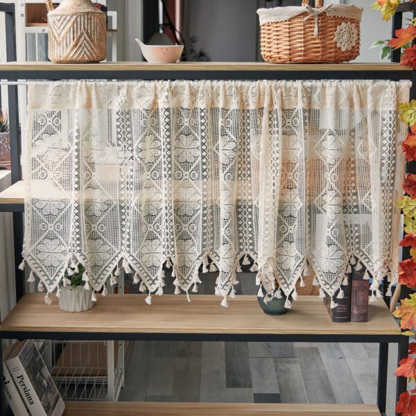 Beige Eight-Petal Flower Café Curtain with Tassels – French Style Short Curtain (3) beige eight petal flower lace café curtain with tassels farmhouse style