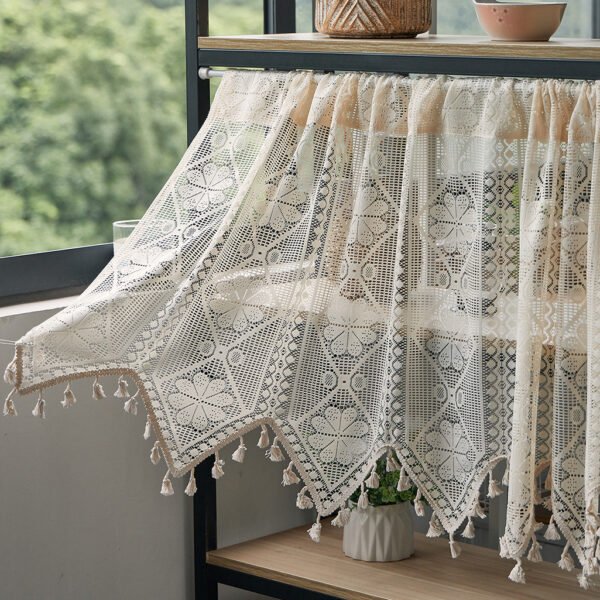 Beige Eight-Petal Flower Café Curtain with Tassels – French Style Short Curtain (4) beige eight petal flower lace café curtain with tassels farmhouse style