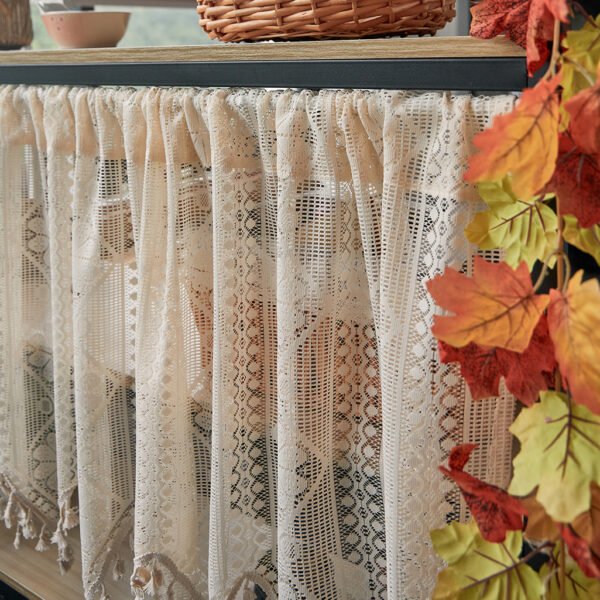 Beige Eight-Petal Flower Café Curtain with Tassels – French Style Short Curtain (5) beige eight petal flower lace café curtain with tassels farmhouse style