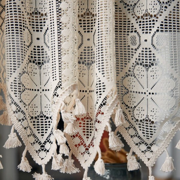 Beige Eight-Petal Flower Café Curtain with Tassels – French Style Short Curtain (6) beige eight petal flower lace café curtain with tassels farmhouse style