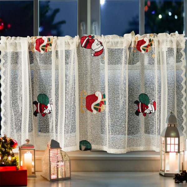 beige Santa Claus embroidery polyester café curtain holiday farmhouse valance