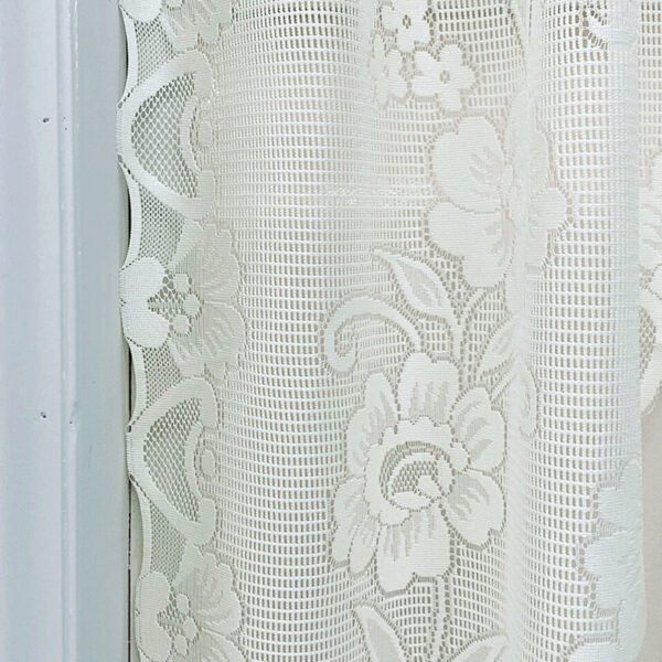beige three flower lace roman shade café curtain farmhouse rustic style