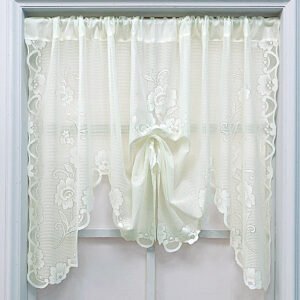 beige three flower lace roman shade café curtain farmhouse rustic style