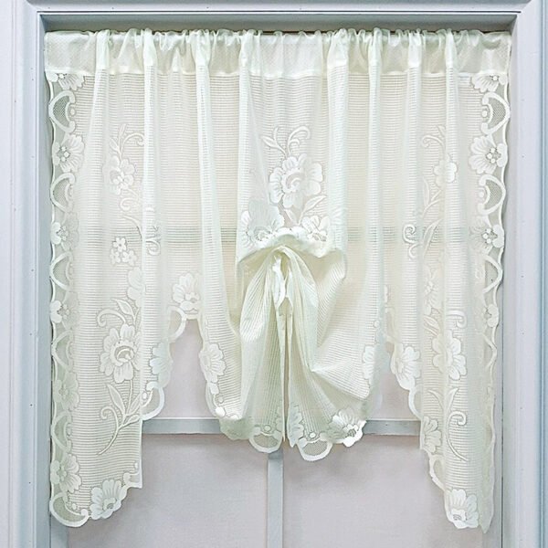 beige three flower lace roman shade café curtain farmhouse rustic style