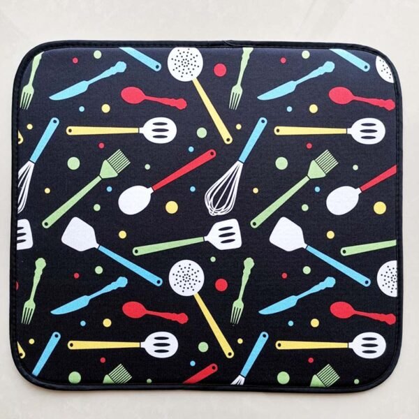 Black Utensil Print Foam-Core Dish Drying Mat – Wholesale (5) Black Utensil Print Foam-Core Dish Drying Mat – Decorative Absorbent Kitchen Pad