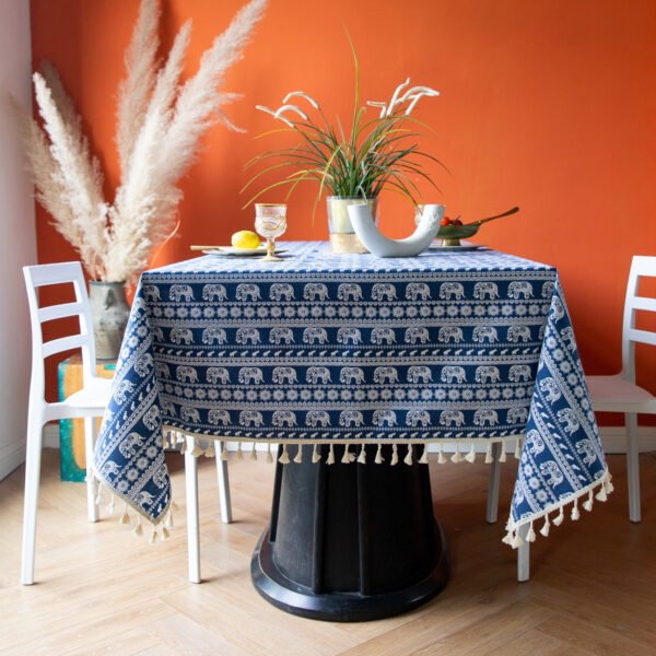 Blue Base Elephant Cotton Blend Tablecloth (1) Blue Base Elephant Cotton Blend Tablecloth - Kid-Friendly Safari Decor