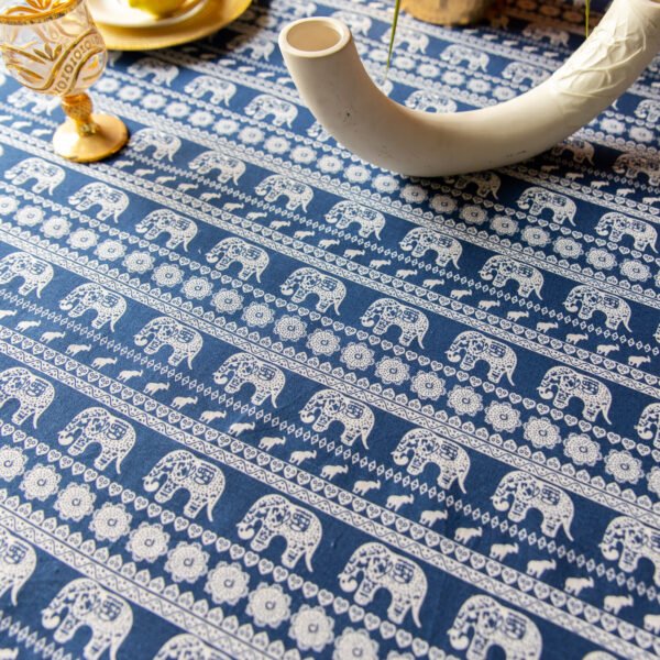 Blue Base Elephant Cotton Blend Tablecloth (5) Blue Base Cotton Blend Tablecloth - Elephant Print