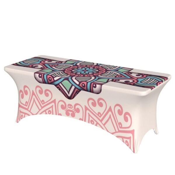 White Bohemian elastic polyester table cover with mandala geometric prints