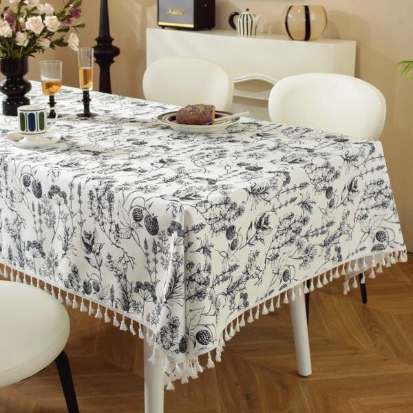 Bulk White Base Black Botanical Tablecloth - 60x120inch for Hotels