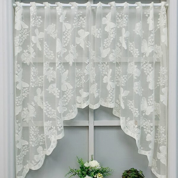 butterfly leaf lace polyester café curtain white sheer decorative valance