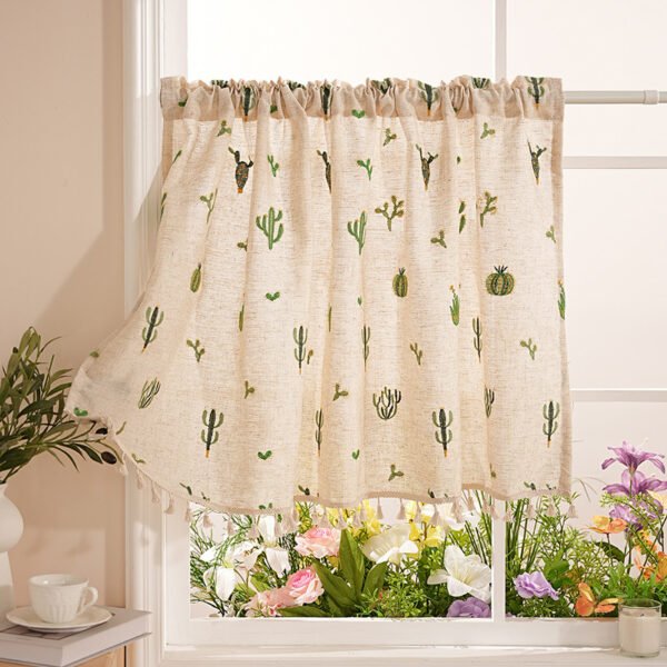 Cactus Embroidery Linen Café Curtain (3) cactus embroidery linen café curtain rustic farmhouse kitchen valance