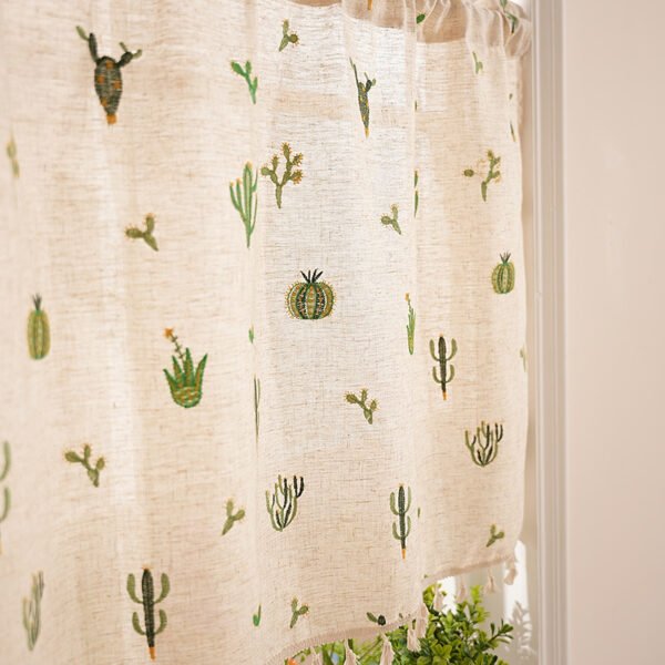 Cactus Embroidery Linen Café Curtain (4) cactus embroidery linen café curtain rustic farmhouse kitchen valance