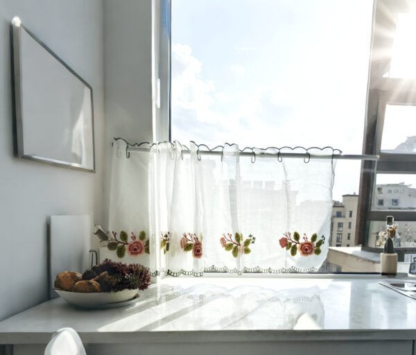 Camellia Embroidery Café Curtain (2) camellia embroidery yarn café curtain semi sheer farmhouse window valance