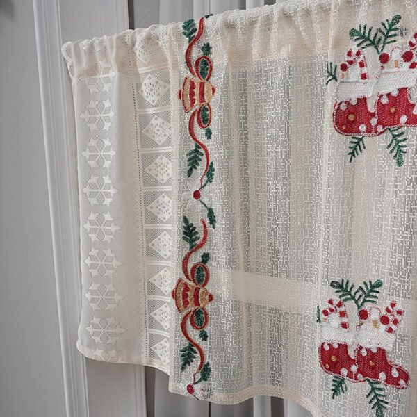 Christmas Bell Embroidery Lace Café Curtain (3) Christmas bell embroidery lace café curtain white polyester festive valance