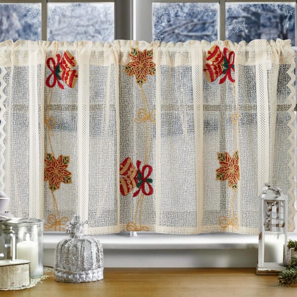 Christmas Bell Embroidery Lace Café Curtain (7) Christmas bell embroidery lace café curtain white polyester festive valance