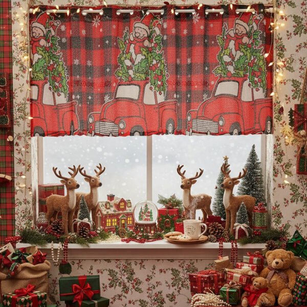 Christmas Red Car Print Café Curtain (1) red car Christmas print café curtain holiday polyester short window valance