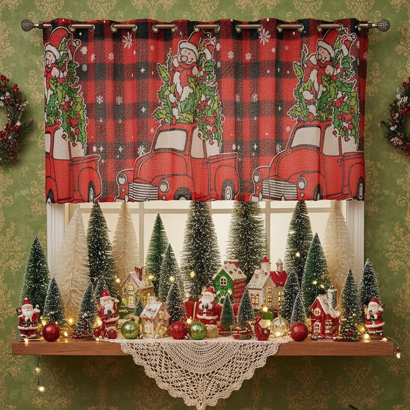 red car Christmas print café curtain holiday polyester short window valance