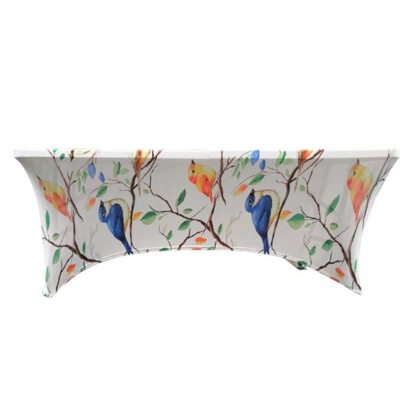 Elastic polyester table cover (3) Leaf print polyester elastic table cover – waterproof fitted tablecloth for weddings and hotels