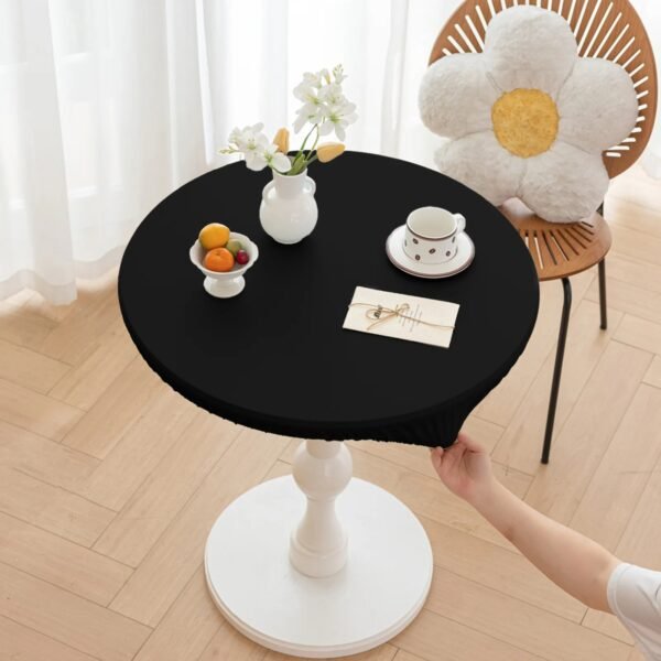 Elastic round polyester dining table cover – waterproof and anti-slip fitted tablecloth
