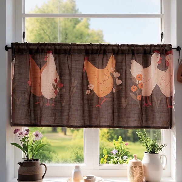 Floral & Chicken Print Linen Café Curtain (3) floral chicken print linen café curtain farmhouse rustic short valance