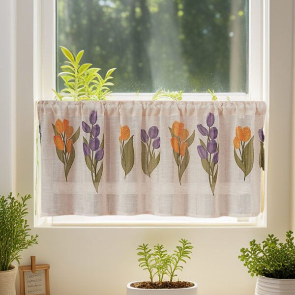 Floral & Chicken Print Linen Café Curtain (4) floral chicken print linen café curtain farmhouse rustic short valance