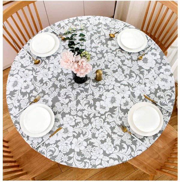 Gray chrysanthemum floral printed elastic PVC round table cover