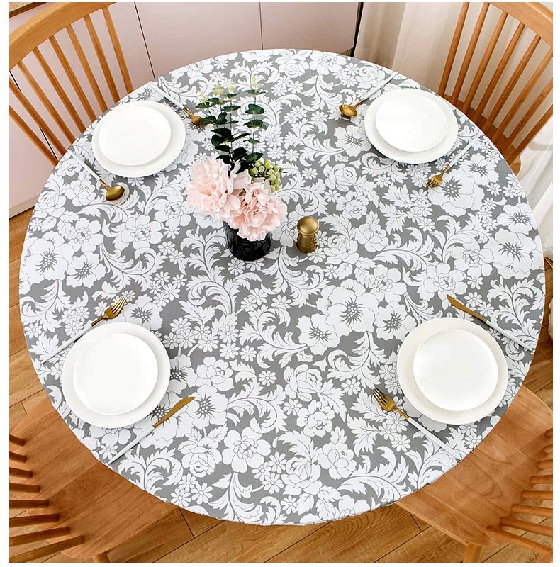 Gray chrysanthemum floral printed elastic PVC round table cover