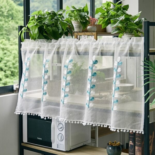 green white leaf embroidery polyester café curtain sheer kitchen valance