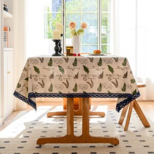 Green Leaf Pattern Cotton Tablecloth - Botanical Print for Kitchen