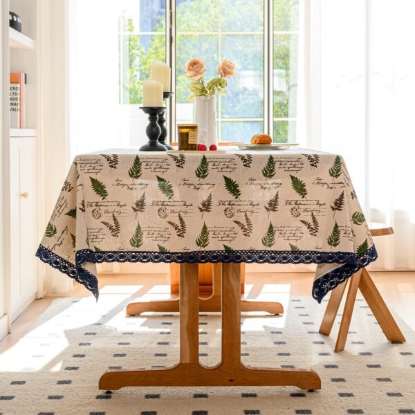 Green Leaf Pattern Cotton Tablecloth - Botanical Print for Kitchen