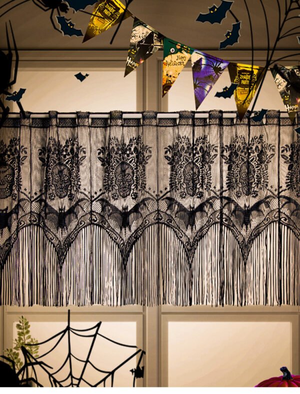 Halloween bat skull lace café curtain black sheer decorative valance