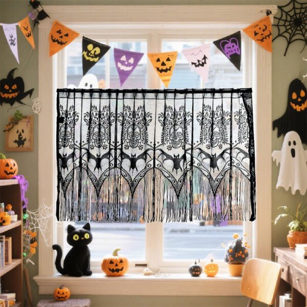 Halloween bat skull lace café curtain black sheer decorative valance