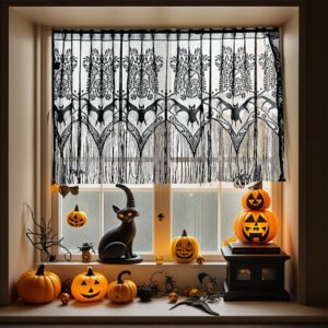 Halloween bat skull lace café curtain black sheer decorative valance
