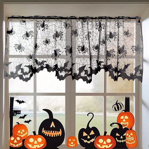 Halloween Skull Print Café Curtain (6) Halloween skull print café curtain black polyester spooky kitchen valance