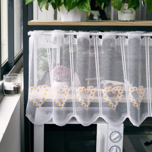 heart print polyester café curtain white romantic farmhouse kitchen valance