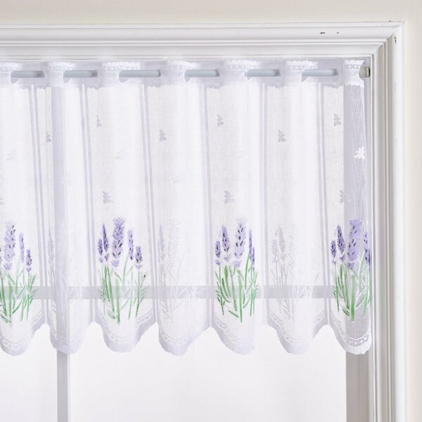 Lavender Print Polyester Café Curtain (4) lavender print polyester café curtain floral rustic farmhouse kitchen valance