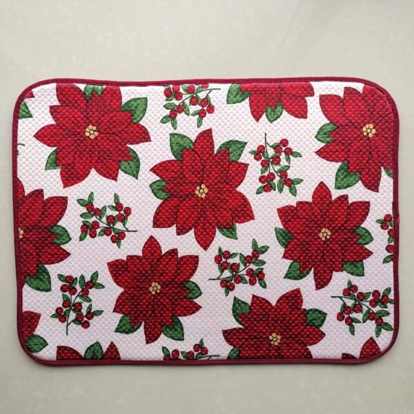Red Floral Christmas Foam-Core Dish Drying Mat – Wholesale (5) Red Floral Christmas Foam-Core Dish Drying Mat – Absorbent Festive Pad