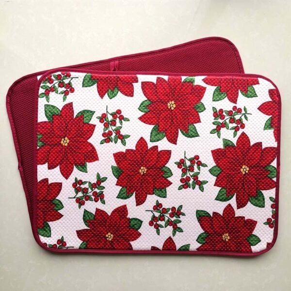 Red Floral Christmas Foam-Core Dish Drying Mat – Wholesale (6) Red Floral Christmas Foam-Core Dish Drying Mat – Absorbent Festive Pad