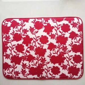 Red Floral Foam-Core Dish Drying Mat – Decorative Absorbent Counter Pad