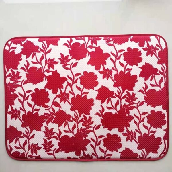 Red Floral Foam-Core Dish Drying Mat – Decorative Absorbent Counter Pad