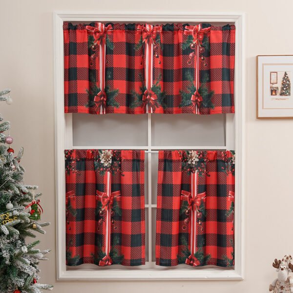 red plaid bow Christmas print café curtain 3 piece polyester set