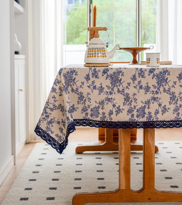 Romantic Blue Roses Cotton Blend Tablecloth (2) Custom Size White Blue Rose Tablecloth - Fade-Resistant