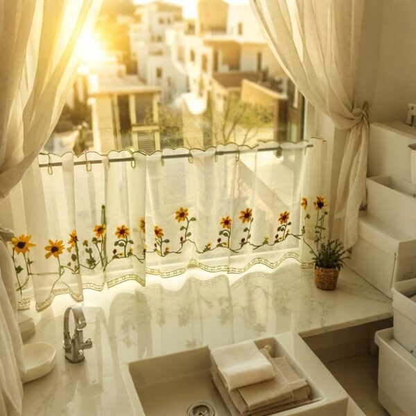 Sunflower Embroidery Linen Café Curtain (1) sunflower embroidery café curtain linen kitchen window valance