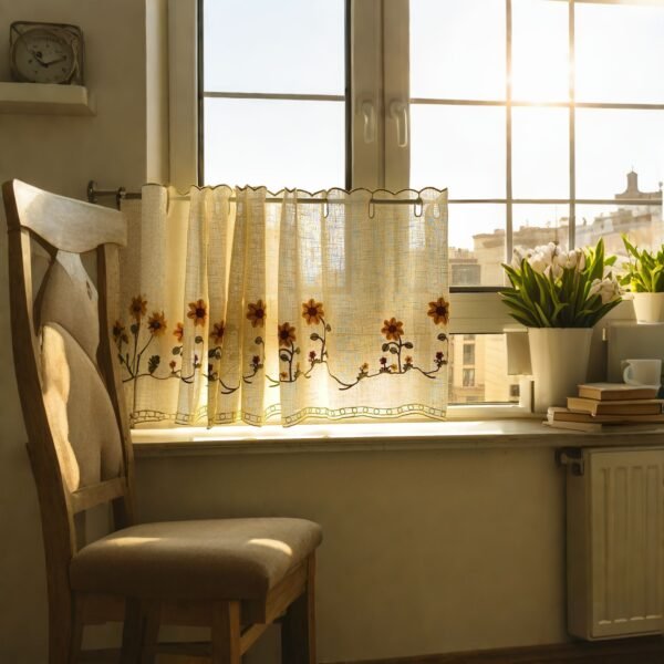 Sunflower Embroidery Linen Café Curtain (4) sunflower embroidery café curtain linen kitchen window valance