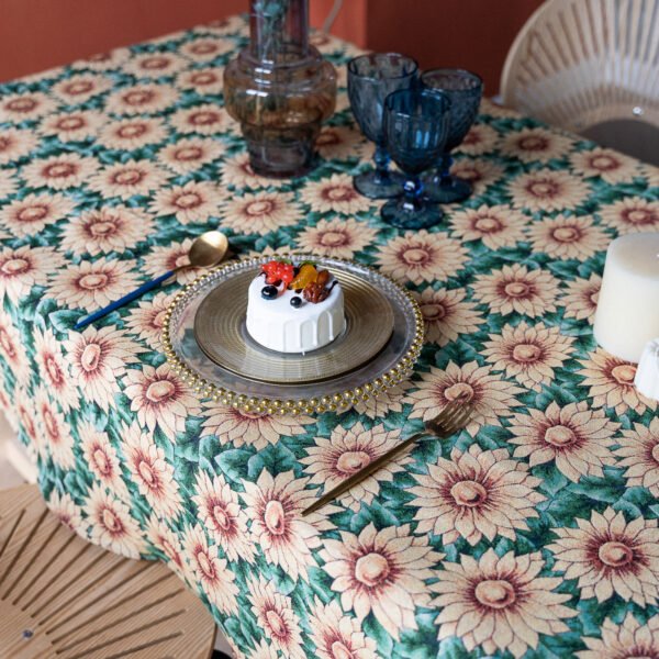 Sunflower Print Cotton Blend Tablecloth - Bright for Garden Parties (4) Sunflower Print Cotton Blend Tablecloth