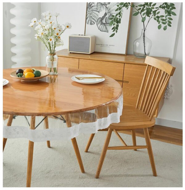 Transparent PVC lace edge round tablecloth with soft drape design (1) Transparent PVC lace edge round tablecloth with soft drape design