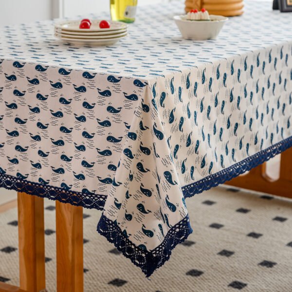 Whale Print Cotton Blend Tablecloth - Delicate Lace Trim for Beach House